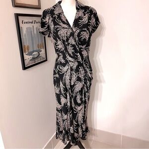 Carmen Marc Valvo Black and Cream Silk Fauna Patterned Midi Dress SZ 12